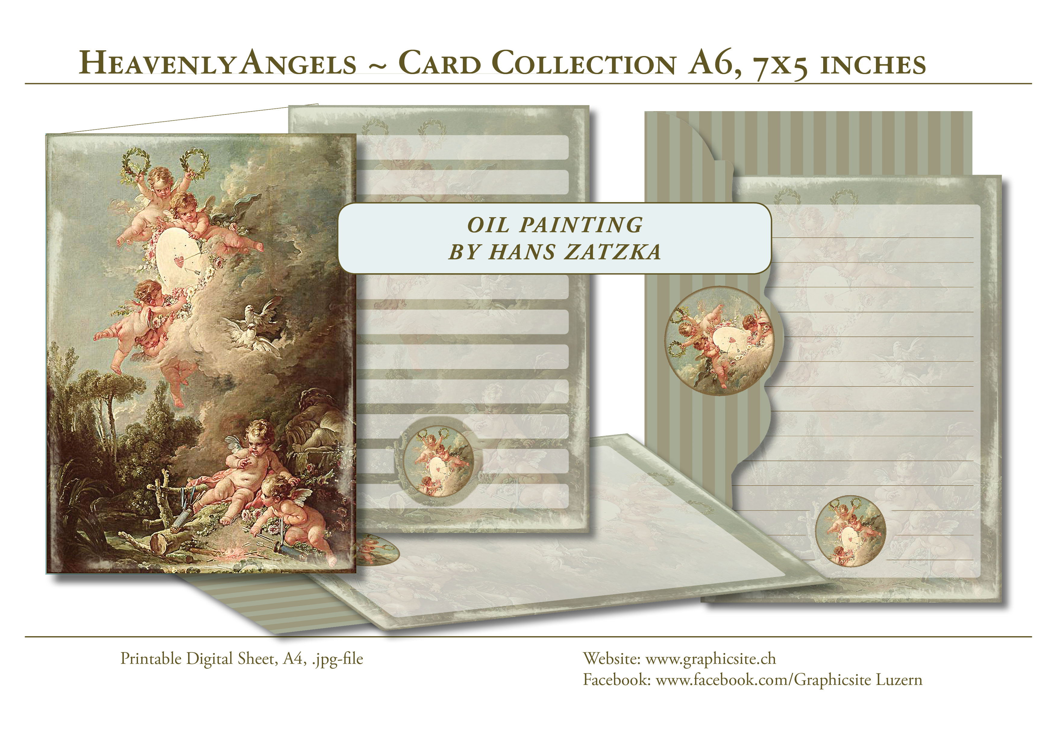 Printable Digital Sheets - Card Collection A6 - Heavenly Angels - Hans Zatzka, ArtPainter, Oil Paintings, Graphic Design, Luzern, 